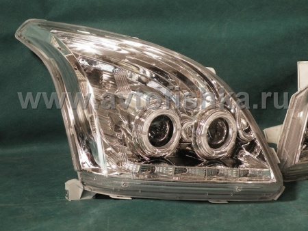 Toyota Land Cruiser Prado 120 (2002-2009) фары передние линзовые хромированные со светящимися ободками и светодиодной подсветкой под корректор, комплект 2 шт.