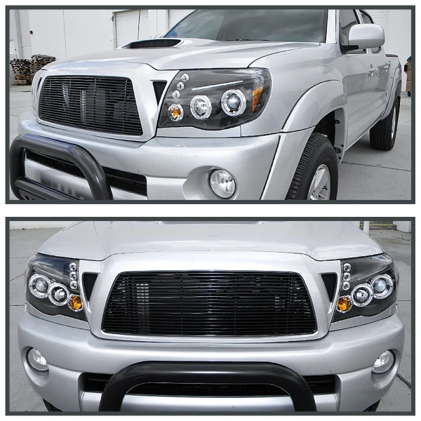 Toyota Tacoma (05-12) фары передние линзовые черные, с подсветкой и ангельскими глазками, комплект 2 шт.