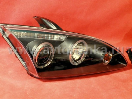 Ford Focus 2 (05-07) передние линзовые черные фары, со светящимися ободками, комплект 2 шт.