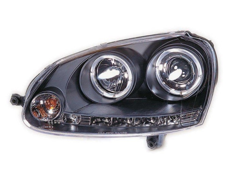 Volkswagen Golf 5 (03-) фары передние линзовые черные, со светящимися ободками и светодиодной подсветкой, под корректор, комплект 2 шт.