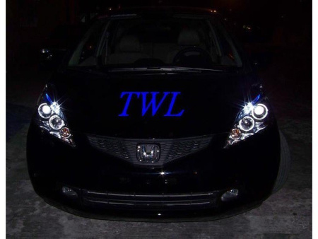 Honda Fit, Jazz (07-) GE, фары передние линзовые хромированные, со светящимися ободками, комплект 2 шт.