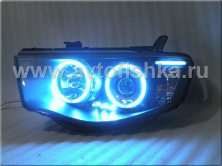 Mitsubishi L200 Triton (2005-) фары передние линзовые со светящимися ободками, черные, комплект 2 шт.