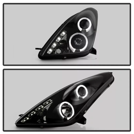 Toyota Celica 2000-2005 фары передние линзованные черные с ангельскими глазками и DRL ходовыми огнями