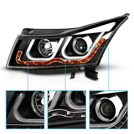 Chevrolet Cruze (2011-2016) фары черные в стиле VW с DRL и светодиодным повторителем