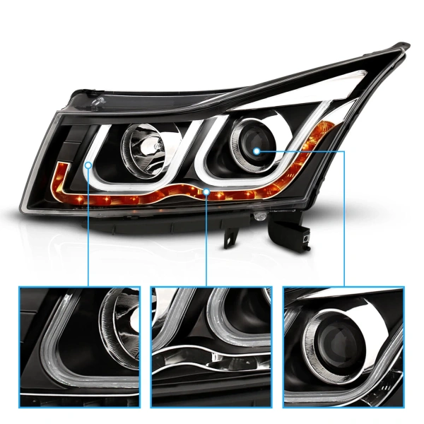 Chevrolet Cruze (2011-2016) фары черные в стиле VW с DRL и светодиодным повторителем
