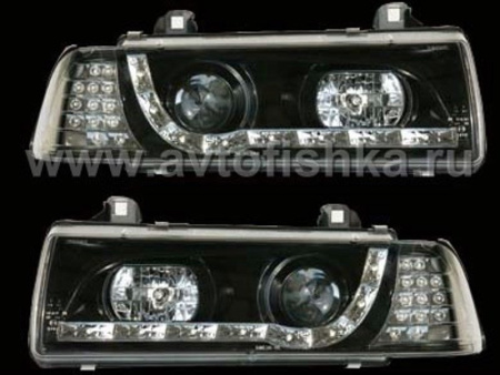BMW 3 E36 4 дв. седан фары передние линзовые черные, с нижней светодиодной подсветкой и светодиодными поворотниками, комплект 2 шт.