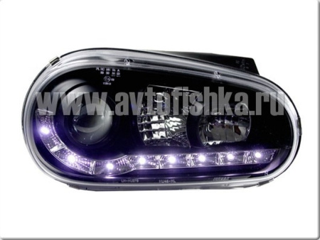 Volkswagen Golf 4 (98-03) фары передние линзовые черные с нижней светодиодной подсветкой, комплект 2 шт.