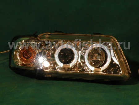 Audi A3 (96-02) передние фары линзовые хромированные, со светящимися ободками, со светодиодами, комплект 2 шт.