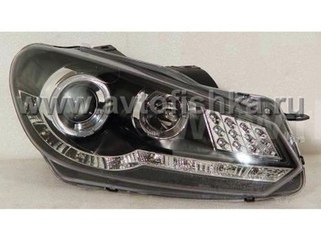 Volkswagen Golf 6 (09-) фары передние черные, со светящимися ободками и DRL, линзовые