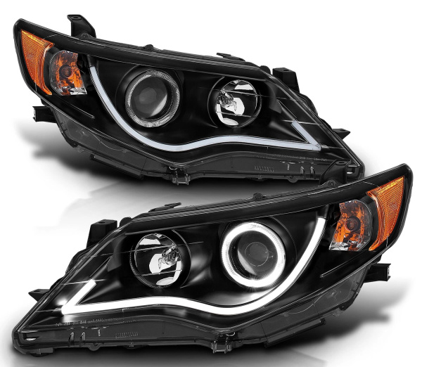 Toyota Camry XV50 дорестайл (2012-2014) передние тюнинговые черные линзовые фары со светодиодной подсветкой в стиле Audi