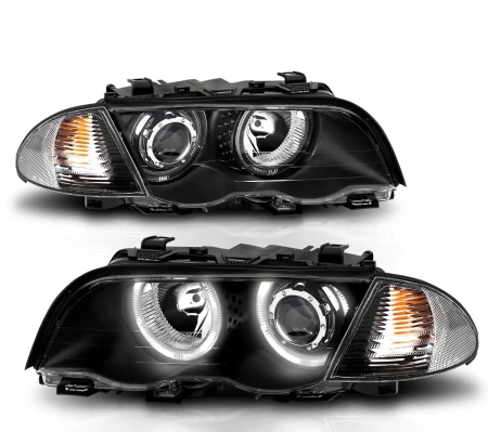 BMW 3 E46 (1998-2001) 4 дв. фары передние линзовые черные, со светящимися ободками, с поворотниками