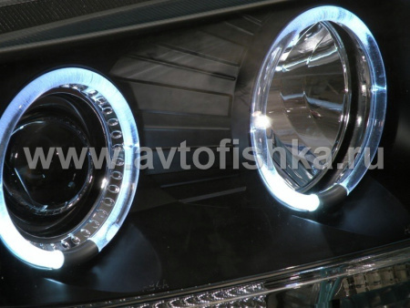 Jeep Grand Cherokee (99-04) передние фары линзовые черные, со светящимися ободками, комплект 2 шт.