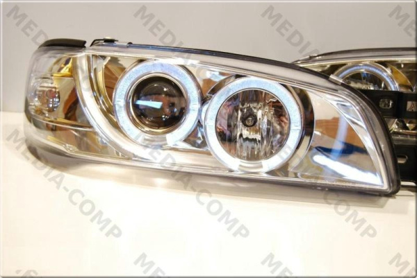 Subaru Impreza GC, GF (93-01) фары передние хромированные, со светящимися ободками и светодиодами, комплект 2 шт.