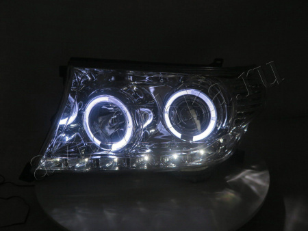 Toyota Land Cruiser 200 (07-12) фары передние линзовые хромированные, со светящимися ободками, с DRL подсветкой, комплект 2 шт.