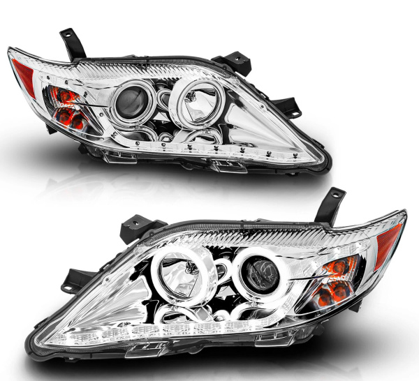 Toyota Camry XV40 рестайл (2010-2011) фары передние линзовые хромированные, с светодиодной подсветкой ДХО