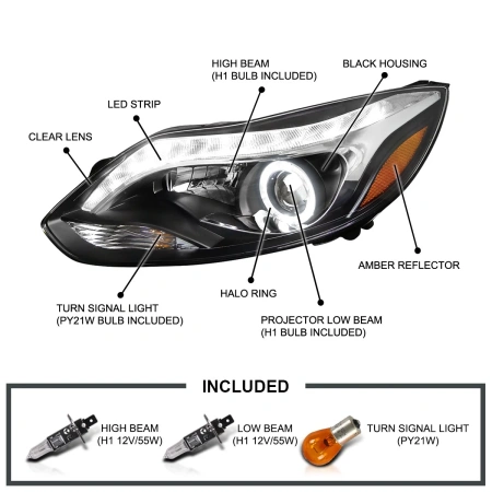 Ford Focus 3 (11-13) тюнинговые фары линзовые с DRL диодной подсветкой черные, 2 шт.