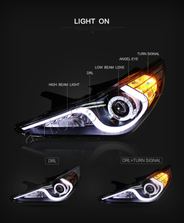 Hyundai Sonata (10-14) линзовые передние черные фары, со светящимися ободками и подсветкой DRL, комплект 2 шт.