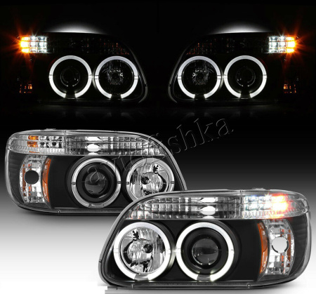 Ford Explorer (95-01) фары передние линзовые черные, со светящимися ободками и светодиодной подсветкой, комплект 2 шт.