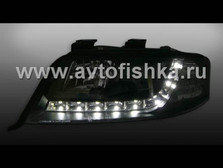 Audi A6 (01-03) фары передние линзовые черные, со светодиодной подсветкой, комплект 2 шт.