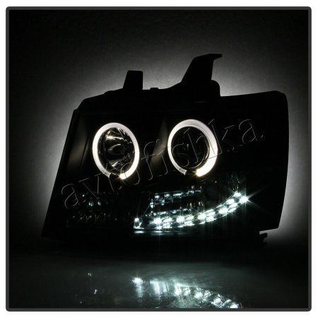 Chevrolet Tahoe (07-), Avalanche (07-) фары передние линзовые черные, со светящимися ободками и светодиодной подсветкой