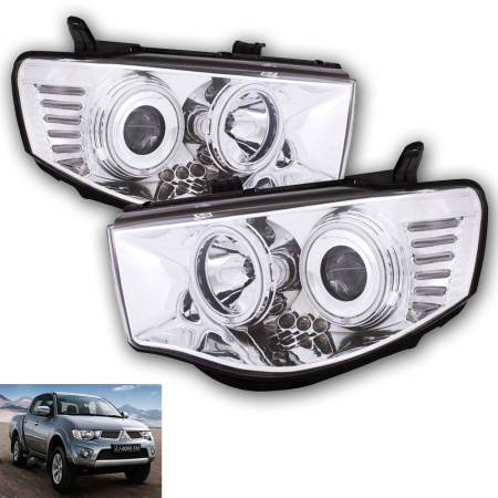 Mitsubishi L200 Triton (2005-) фары передние линзовые хромированные, со светящимися ободками, комплект 2 шт.