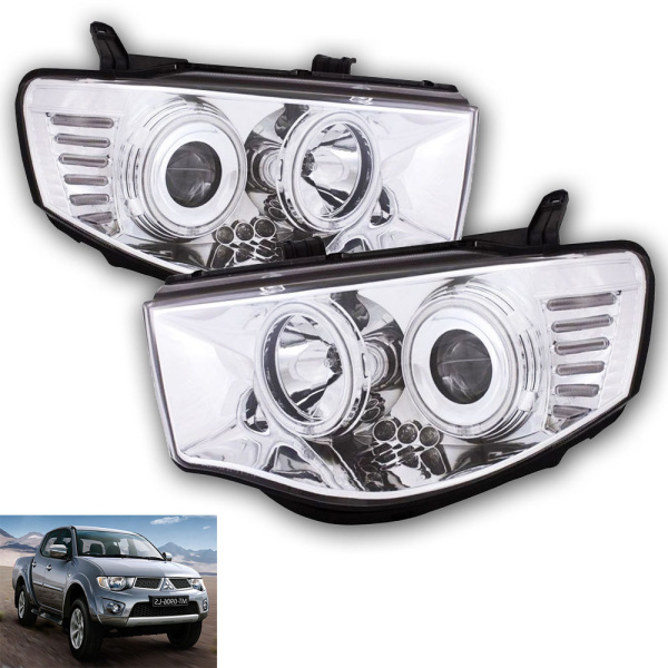 Mitsubishi L200 Triton (2005-) фары передние линзовые хромированные, со светящимися ободками, комплект 2 шт.