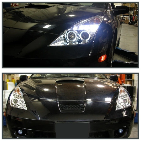 Toyota Celica (00-05) фары передние линзовые хромированные, со светящимися ободками LED