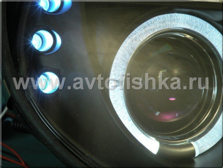 Dodge Neon (03-05) фары передние линзовые черные, со светящимися ободками и светодиодной подсветкой, комплект 2 шт.