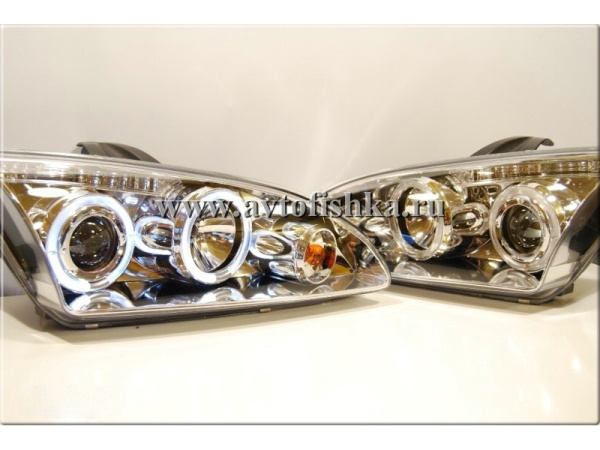 Ford Focus 2 (05-07) фары линзовые передние хромированные, со светящимися ободками, комплект 2 шт.