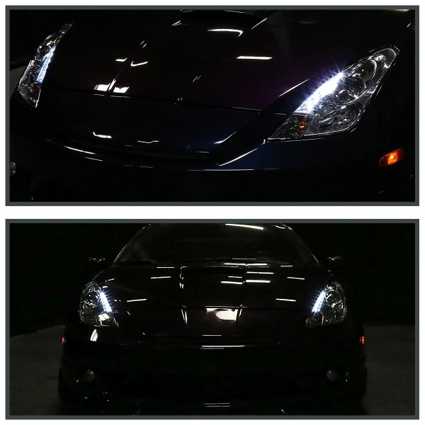 Toyota Celica 2000-2005 фары передние линзованные хромированные, с DRL ходовыми огнями