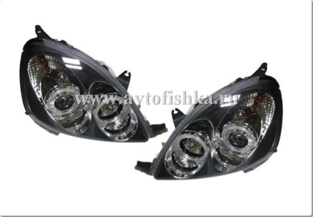 Toyota Yaris, Vitz (99-05) фары передние линзовые черные, со светящимися ободками, комплект 2 шт.