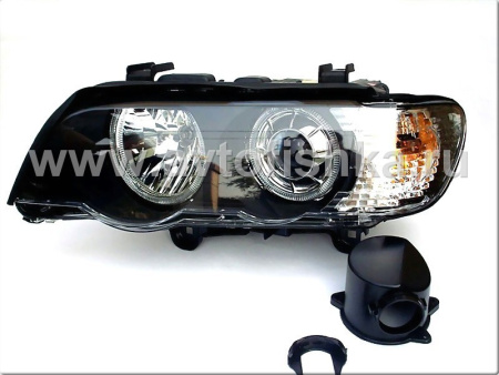 BMW X5 (98-03) передние фары линзовые черные со светящимися ободками, с моторами электрокорректора, комплект 2 шт.