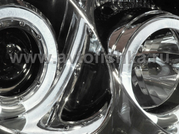 Toyota Yaris, Vitz (99-05) фары передние линзовые хромированные, со светящимися ободками, с электрокорректором, комплект 2 шт.