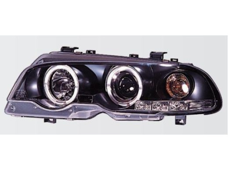 BMW 3 E46 (98-01) 2 дв. фары передние линзовые черные, со светящимися ободками, с поворотниками, с мотором электрокорректора, комплект лев.+прав.
