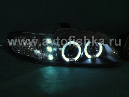 Chrysler Town&Country, Dodge Caravan, Plymouth Voyager (96-00) фары передние линзовые черные со светящимися ободками и светодиодной подсветкой, комплект 2 шт.