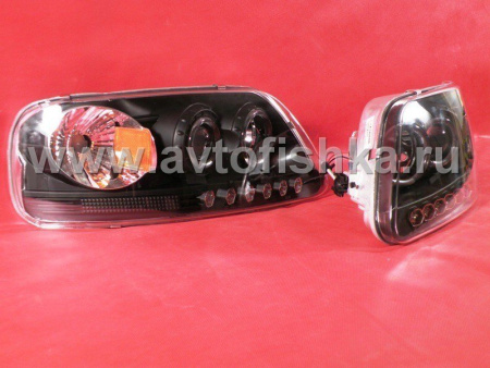 Ford F150, Expedition (96-03) фары передние линзовые черные, со светящимися ободками и светодиодной подсветкой, комплект 2 шт.