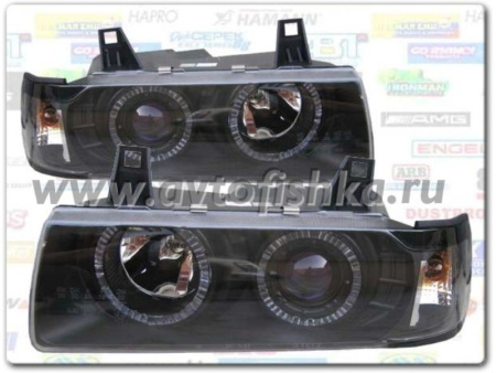 BMW 3 E36 2 дв. купе фары передние черные, со светящимися ободками, комплект 2 шт.