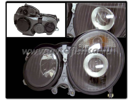 Mercedes E W210 (99-02) фары передние линзовые черные с белыми поворотниками, комплект 2 шт.