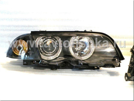 BMW 3 E46 (98-01) 4 дв. фары передние линзовые черные, со светящимися ободками, с поворотниками, комплект лев.+прав.