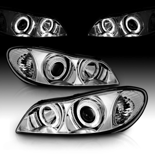Nissan Maxima QX III A33 (00-06) фары передние линзовые со светящимися ободками, цвет хром