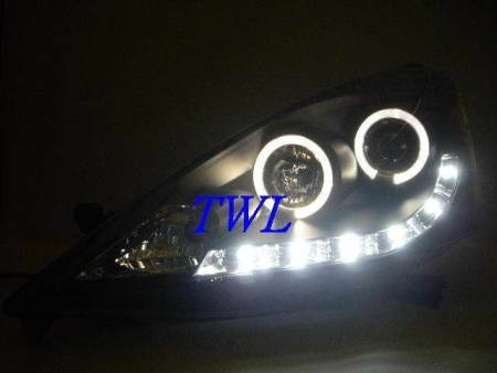 Honda Fit, Jazz (07-) GE, фары передние линзовые черные, со светящимися ободками и светодиодной подсветкой, комплект 2 шт.