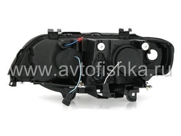 BMW X5 (98-03) фары передние линзовые черные, со светящимися ободками с подсветкой DRL, под ксенон