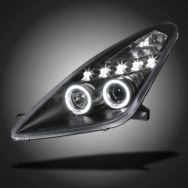 Toyota Celica 2000-2005 фары передние линзовые черные, со светящимися ободками LED