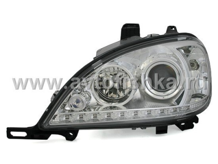 Mercedes ML W163 (98-05) фары передние линзовые хромированные, со светящимися ободками и с нижней светодиодной подсветкой, с мотором электрокорректора, комплект 2 шт.