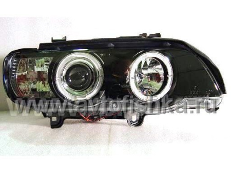 BMW X5 (1998-2003) фары передние линзовые черные, со светящимися ободками, комплект 2 шт.