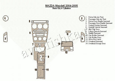 Декоративные накладки салона Mazda Mazda6 2004-2005 базовый набор, 6 Cylinders