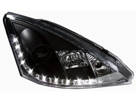 Ford Focus 1 (01-04) Europe+USA передние фары линзовые черные, со светодиодной подсветкой, комплект 2 шт.