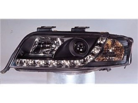 Audi A6 (97-01) фары передние линзовые, черные с нижней DRL светодиодной подсветкой, комплект 2 шт.