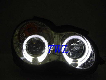 Mercedes C-class W203 (00-07) фары передние линзовые хромированные, со светящимися ободками, комплект 2 шт.