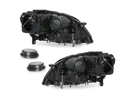 Mercedes ML W164 (05-08) фары передние линзовые черные с нижней светодиодной подсветкой, с мотором электрокорректора, комплект 2 шт.